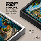 A vibrant painting depicting an open Mediterranean window looking out onto a coastal balcony with terracotta rooftops, lush greenery, and a bright blue sea under a partly cloudy sky. The artwork captures a serene landscape scene with detailed brushwork and a warm, inviting atmosphere.