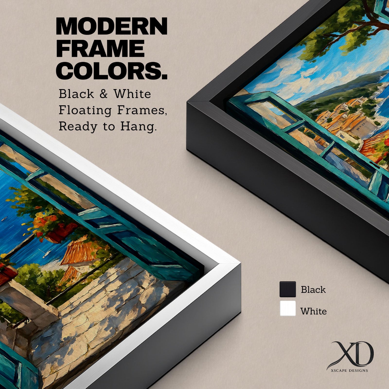 A vibrant painting depicting an open Mediterranean window looking out onto a coastal balcony with terracotta rooftops, lush greenery, and a bright blue sea under a partly cloudy sky. The artwork captures a serene landscape scene with detailed brushwork and a warm, inviting atmosphere.