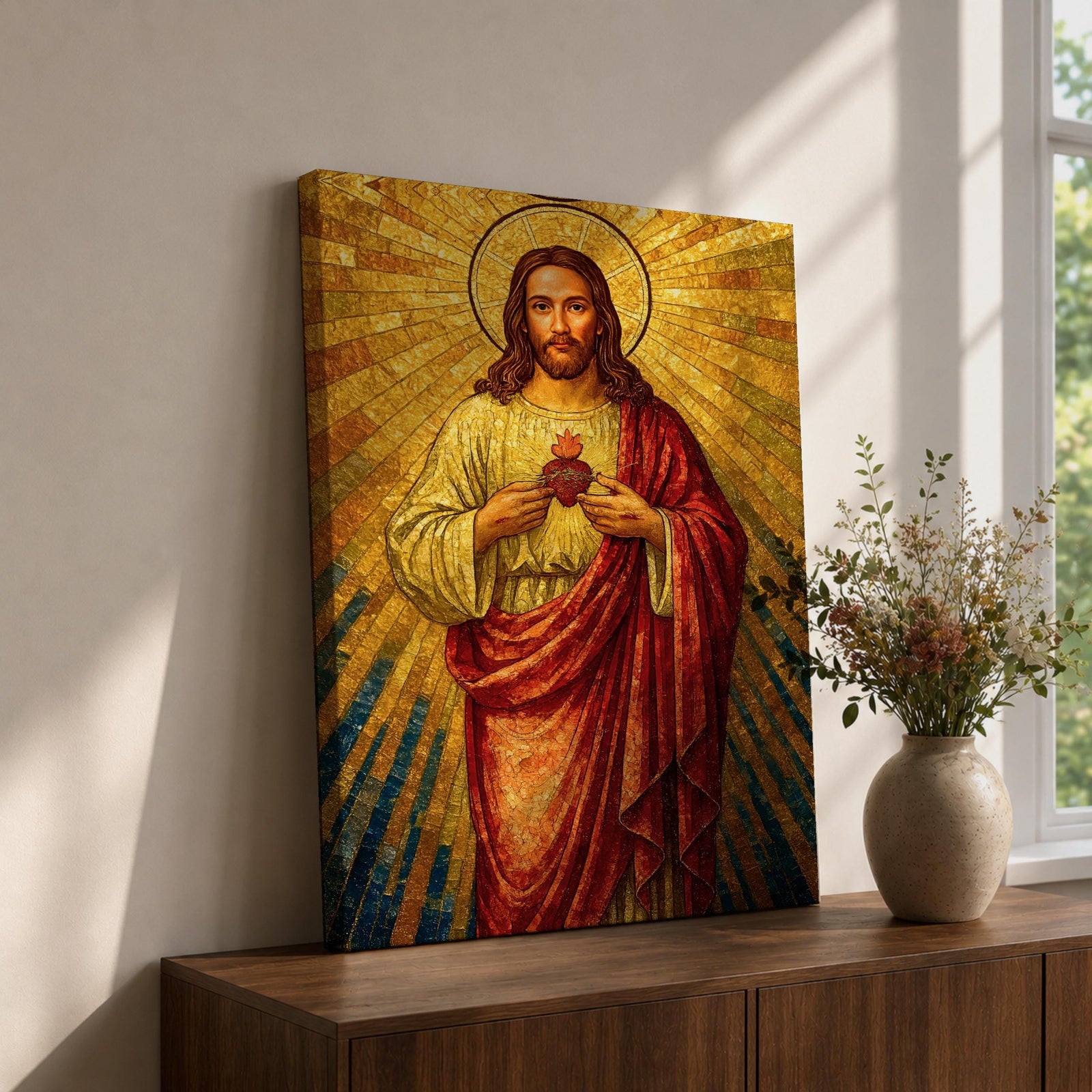 A mosaic-style depiction of the Sacred Heart of Jesus shows Jesus with a radiant golden halo and rays emanating behind him. He wears a red robe over a white garment and holds a flaming heart at his chest. The artwork features intricate mosaic tile textures and vibrant colors.