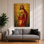 A mosaic-style depiction of the Sacred Heart of Jesus shows Jesus with a radiant golden halo and rays emanating behind him. He wears a red robe over a white garment and holds a flaming heart at his chest. The artwork features intricate mosaic tile textures and vibrant colors.
