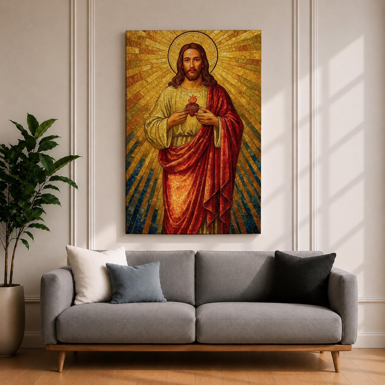 A mosaic-style depiction of the Sacred Heart of Jesus shows Jesus with a radiant golden halo and rays emanating behind him. He wears a red robe over a white garment and holds a flaming heart at his chest. The artwork features intricate mosaic tile textures and vibrant colors.