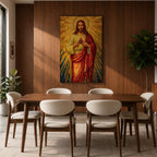A mosaic-style depiction of the Sacred Heart of Jesus shows Jesus with a radiant golden halo and rays emanating behind him. He wears a red robe over a white garment and holds a flaming heart at his chest. The artwork features intricate mosaic tile textures and vibrant colors.