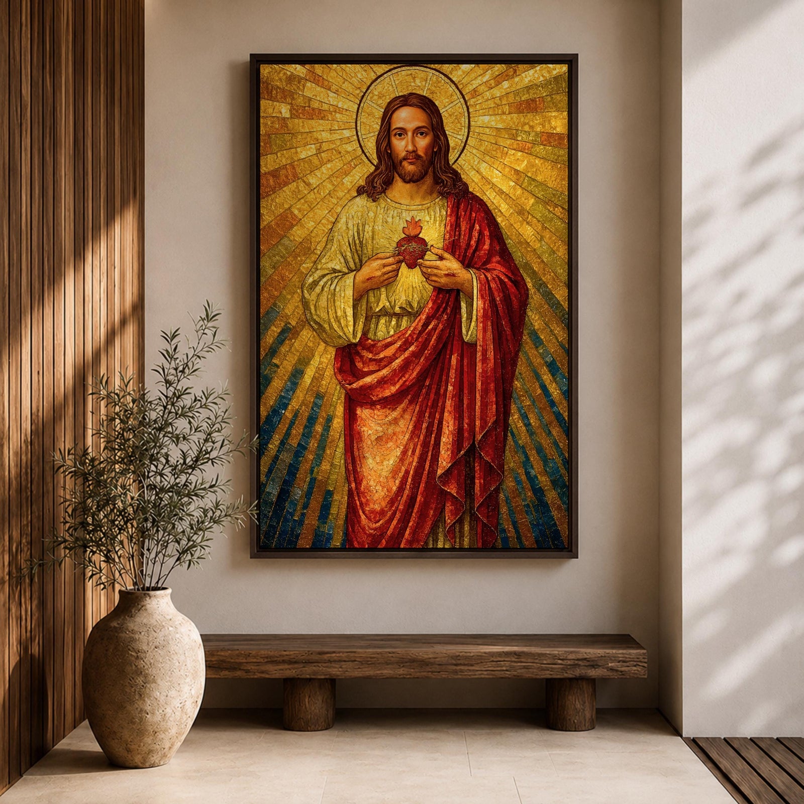 A mosaic-style depiction of the Sacred Heart of Jesus shows Jesus with a radiant golden halo and rays emanating behind him. He wears a red robe over a white garment and holds a flaming heart at his chest. The artwork features intricate mosaic tile textures and vibrant colors.
