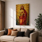 A mosaic-style depiction of the Sacred Heart of Jesus shows Jesus with a radiant golden halo and rays emanating behind him. He wears a red robe over a white garment and holds a flaming heart at his chest. The artwork features intricate mosaic tile textures and vibrant colors.