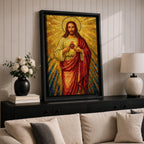 A mosaic-style depiction of the Sacred Heart of Jesus shows Jesus with a radiant golden halo and rays emanating behind him. He wears a red robe over a white garment and holds a flaming heart at his chest. The artwork features intricate mosaic tile textures and vibrant colors.