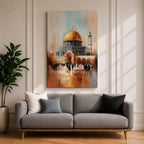 Textured impressionist painting of the golden Dome of the Rock within the Jerusalem Old City courtyard near Masjid Al Aqsa, showing worshippers gathered in the plaza beneath the shining dome and surrounding Islamic architecture rendered with expressive brushstrokes and warm reflective tones.