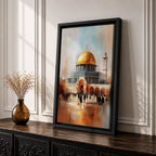 Textured impressionist painting of the golden Dome of the Rock within the Jerusalem Old City courtyard near Masjid Al Aqsa, showing worshippers gathered in the plaza beneath the shining dome and surrounding Islamic architecture rendered with expressive brushstrokes and warm reflective tones.