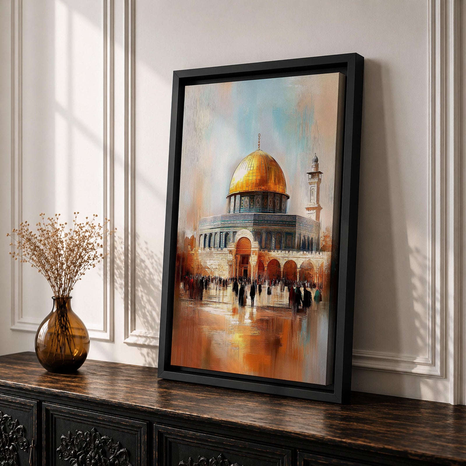 Textured impressionist painting of the golden Dome of the Rock within the Jerusalem Old City courtyard near Masjid Al Aqsa, showing worshippers gathered in the plaza beneath the shining dome and surrounding Islamic architecture rendered with expressive brushstrokes and warm reflective tones.