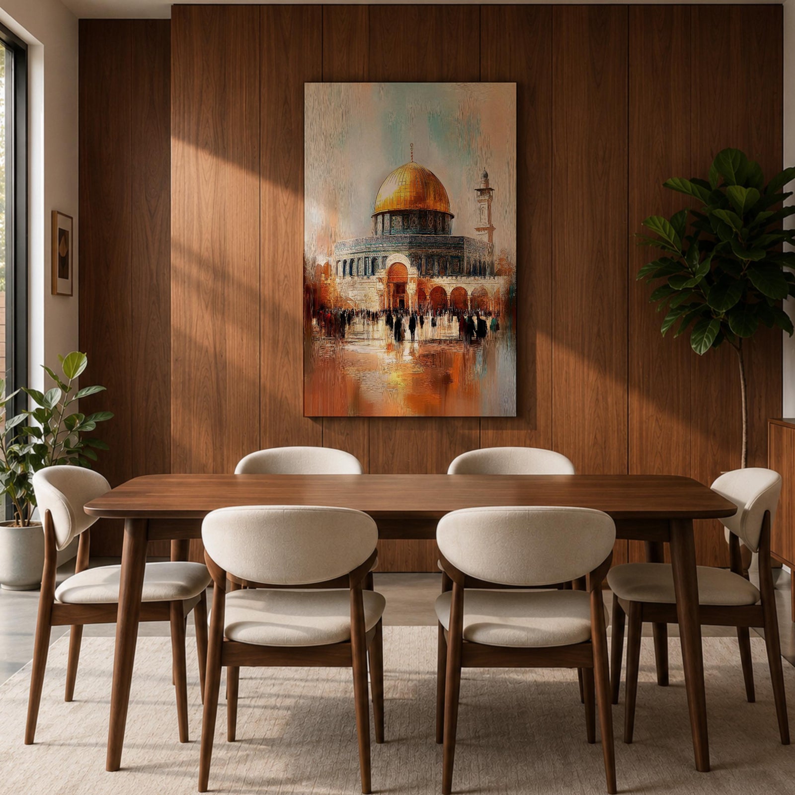 Textured impressionist painting of the golden Dome of the Rock within the Jerusalem Old City courtyard near Masjid Al Aqsa, showing worshippers gathered in the plaza beneath the shining dome and surrounding Islamic architecture rendered with expressive brushstrokes and warm reflective tones.