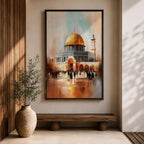 Textured impressionist painting of the golden Dome of the Rock within the Jerusalem Old City courtyard near Masjid Al Aqsa, showing worshippers gathered in the plaza beneath the shining dome and surrounding Islamic architecture rendered with expressive brushstrokes and warm reflective tones.