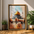 Textured impressionist painting of the golden Dome of the Rock within the Jerusalem Old City courtyard near Masjid Al Aqsa, showing worshippers gathered in the plaza beneath the shining dome and surrounding Islamic architecture rendered with expressive brushstrokes and warm reflective tones.