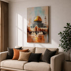 Textured impressionist painting of the golden Dome of the Rock within the Jerusalem Old City courtyard near Masjid Al Aqsa, showing worshippers gathered in the plaza beneath the shining dome and surrounding Islamic architecture rendered with expressive brushstrokes and warm reflective tones.
