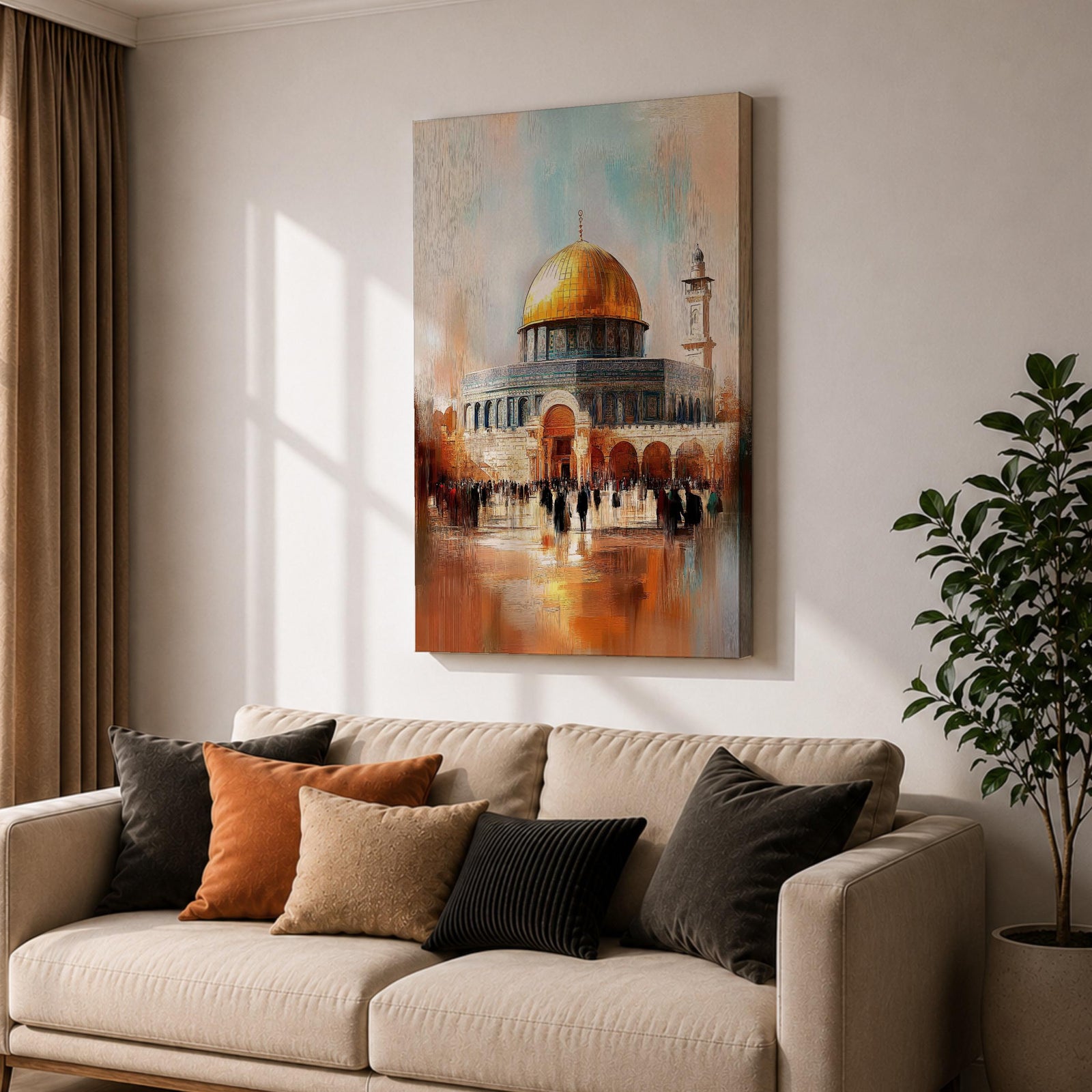 Textured impressionist painting of the golden Dome of the Rock within the Jerusalem Old City courtyard near Masjid Al Aqsa, showing worshippers gathered in the plaza beneath the shining dome and surrounding Islamic architecture rendered with expressive brushstrokes and warm reflective tones.