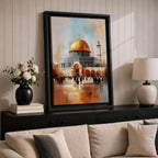 Textured impressionist painting of the golden Dome of the Rock within the Jerusalem Old City courtyard near Masjid Al Aqsa, showing worshippers gathered in the plaza beneath the shining dome and surrounding Islamic architecture rendered with expressive brushstrokes and warm reflective tones.