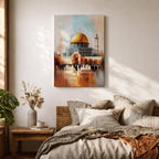 Textured impressionist painting of the golden Dome of the Rock within the Jerusalem Old City courtyard near Masjid Al Aqsa, showing worshippers gathered in the plaza beneath the shining dome and surrounding Islamic architecture rendered with expressive brushstrokes and warm reflective tones.