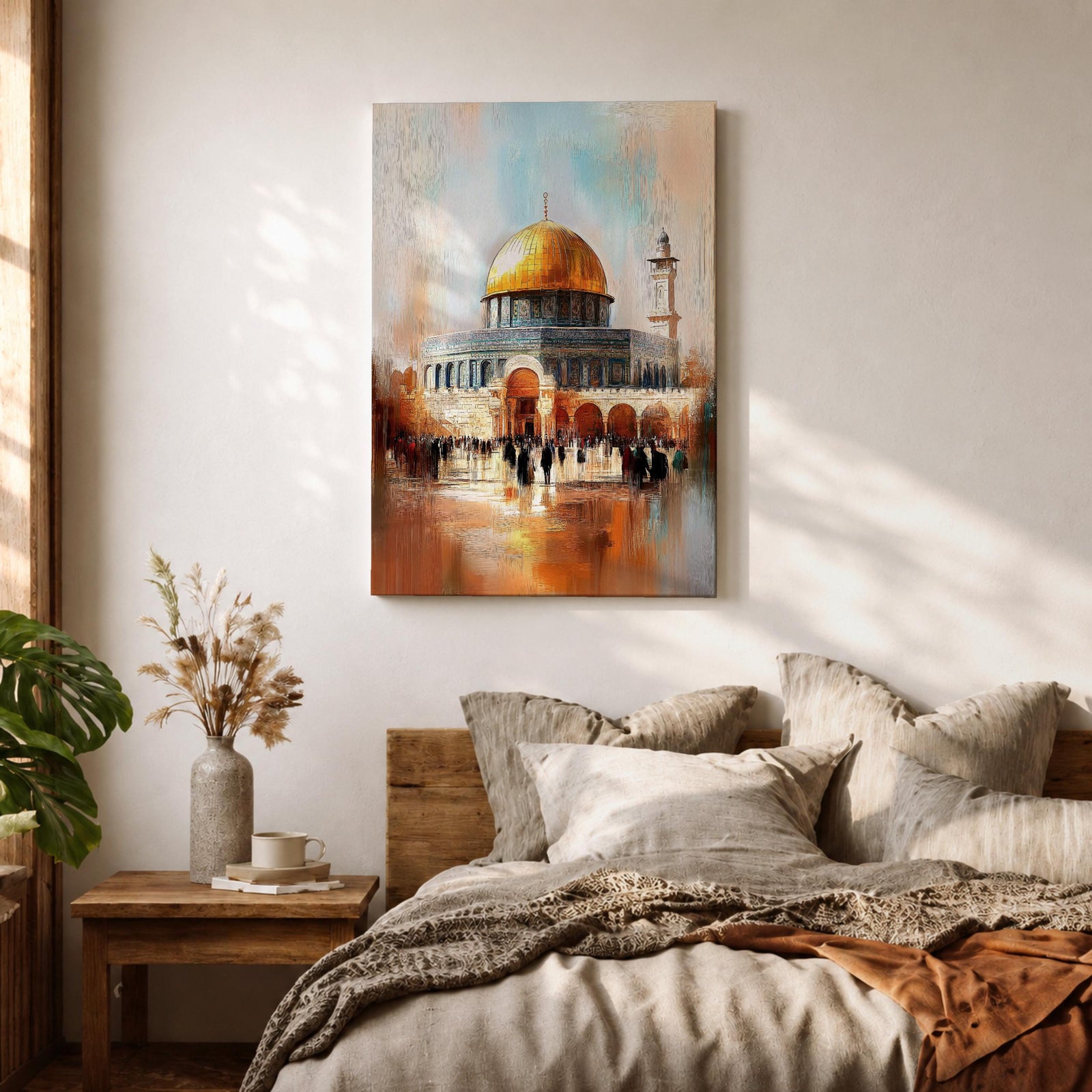 Textured impressionist painting of the golden Dome of the Rock within the Jerusalem Old City courtyard near Masjid Al Aqsa, showing worshippers gathered in the plaza beneath the shining dome and surrounding Islamic architecture rendered with expressive brushstrokes and warm reflective tones.