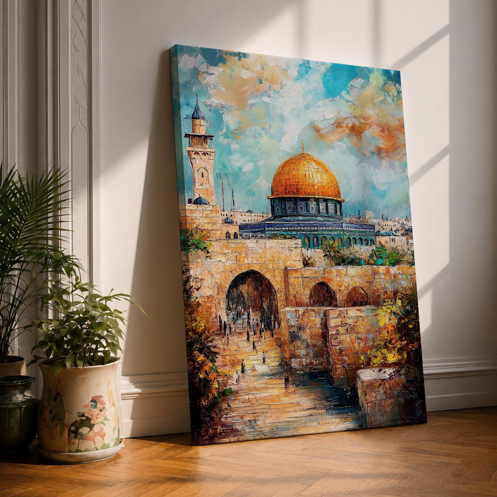 Textured oil-style painting of the Dome of the Rock with its glowing golden dome rising above historic Jerusalem stone arches and a nearby minaret, with small figures walking through the ancient passageways and vibrant sky colors creating a dramatic sacred city atmosphere.