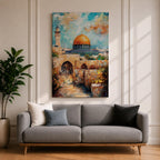 Textured oil-style painting of the Dome of the Rock with its glowing golden dome rising above historic Jerusalem stone arches and a nearby minaret, with small figures walking through the ancient passageways and vibrant sky colors creating a dramatic sacred city atmosphere.