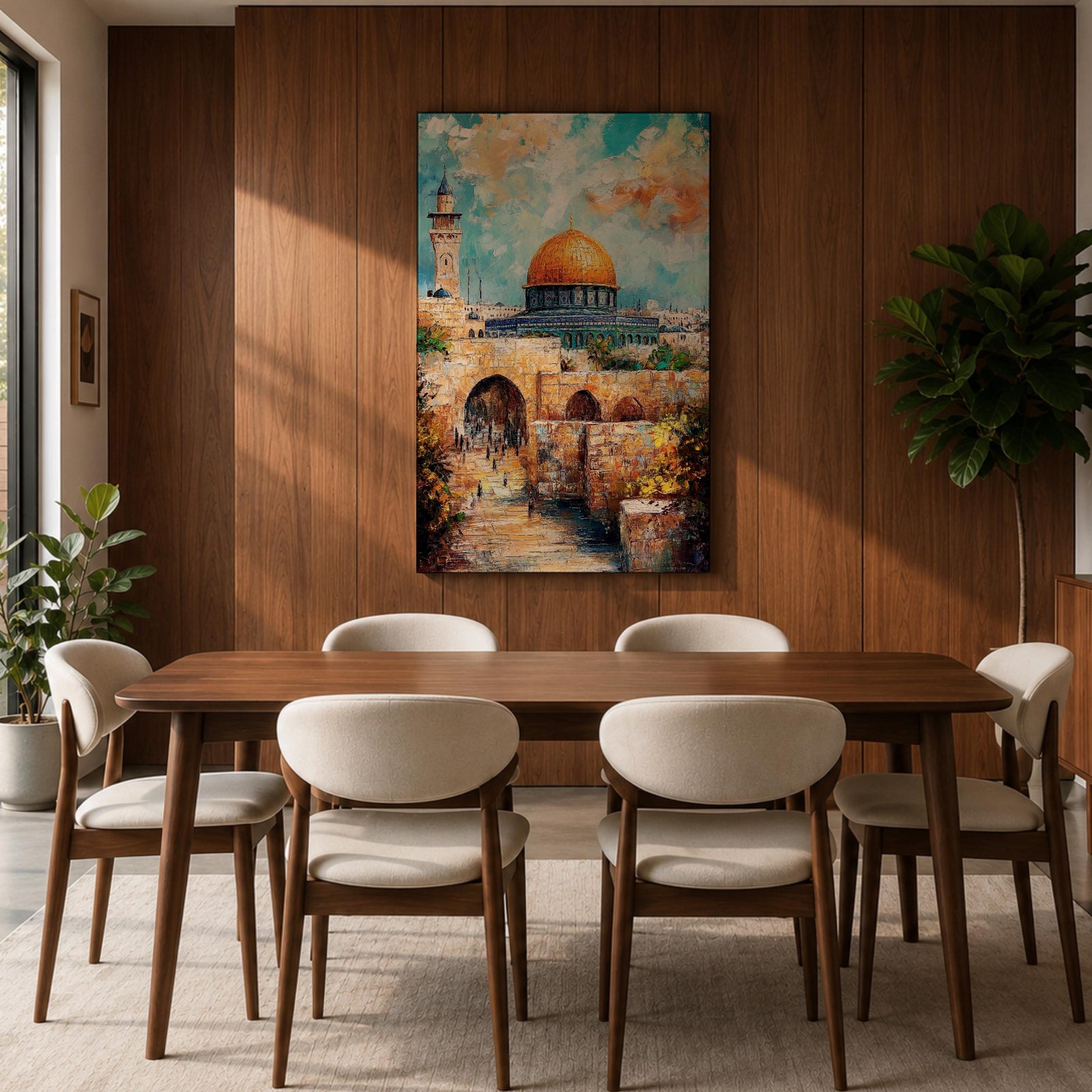Textured oil-style painting of the Dome of the Rock with its glowing golden dome rising above historic Jerusalem stone arches and a nearby minaret, with small figures walking through the ancient passageways and vibrant sky colors creating a dramatic sacred city atmosphere.