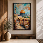 Textured oil-style painting of the Dome of the Rock with its glowing golden dome rising above historic Jerusalem stone arches and a nearby minaret, with small figures walking through the ancient passageways and vibrant sky colors creating a dramatic sacred city atmosphere.