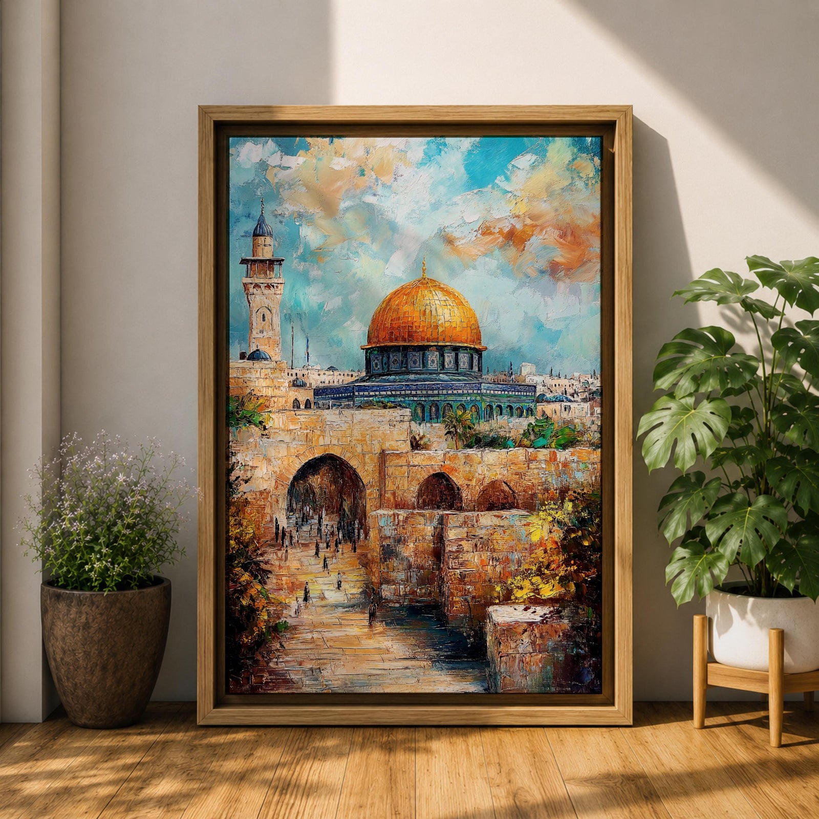 Textured oil-style painting of the Dome of the Rock with its glowing golden dome rising above historic Jerusalem stone arches and a nearby minaret, with small figures walking through the ancient passageways and vibrant sky colors creating a dramatic sacred city atmosphere.