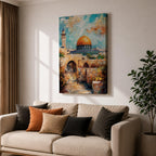 Textured oil-style painting of the Dome of the Rock with its glowing golden dome rising above historic Jerusalem stone arches and a nearby minaret, with small figures walking through the ancient passageways and vibrant sky colors creating a dramatic sacred city atmosphere.
