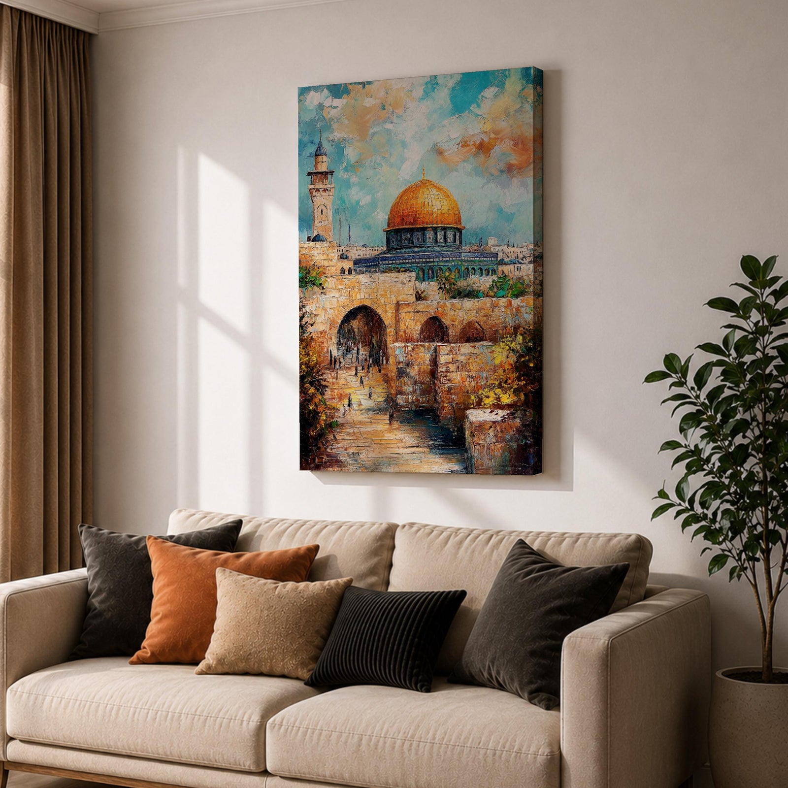Textured oil-style painting of the Dome of the Rock with its glowing golden dome rising above historic Jerusalem stone arches and a nearby minaret, with small figures walking through the ancient passageways and vibrant sky colors creating a dramatic sacred city atmosphere.