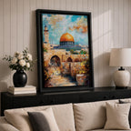 Textured oil-style painting of the Dome of the Rock with its glowing golden dome rising above historic Jerusalem stone arches and a nearby minaret, with small figures walking through the ancient passageways and vibrant sky colors creating a dramatic sacred city atmosphere.