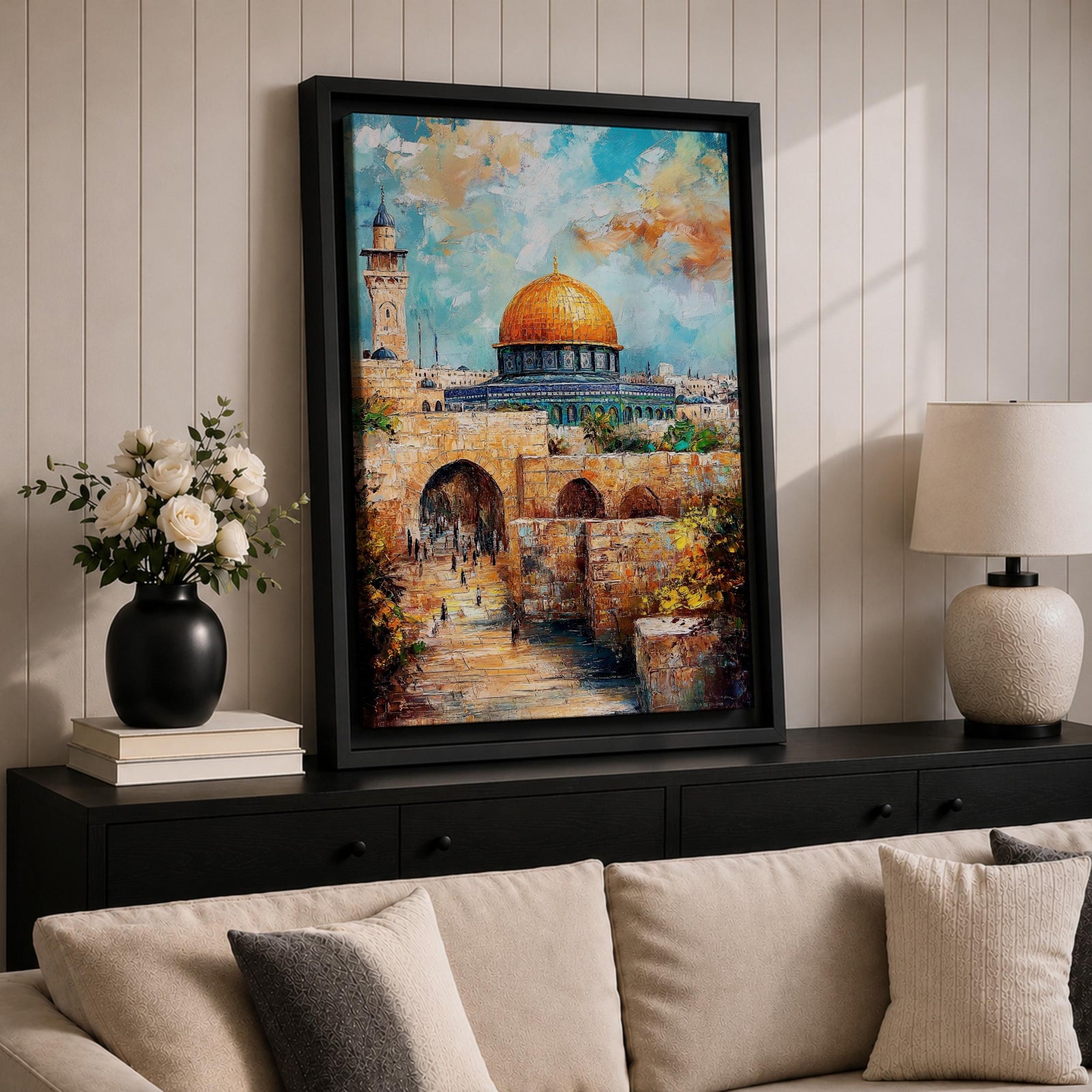 Textured oil-style painting of the Dome of the Rock with its glowing golden dome rising above historic Jerusalem stone arches and a nearby minaret, with small figures walking through the ancient passageways and vibrant sky colors creating a dramatic sacred city atmosphere.