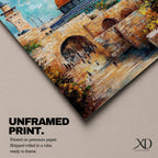 Textured oil-style painting of the Dome of the Rock with its glowing golden dome rising above historic Jerusalem stone arches and a nearby minaret, with small figures walking through the ancient passageways and vibrant sky colors creating a dramatic sacred city atmosphere.