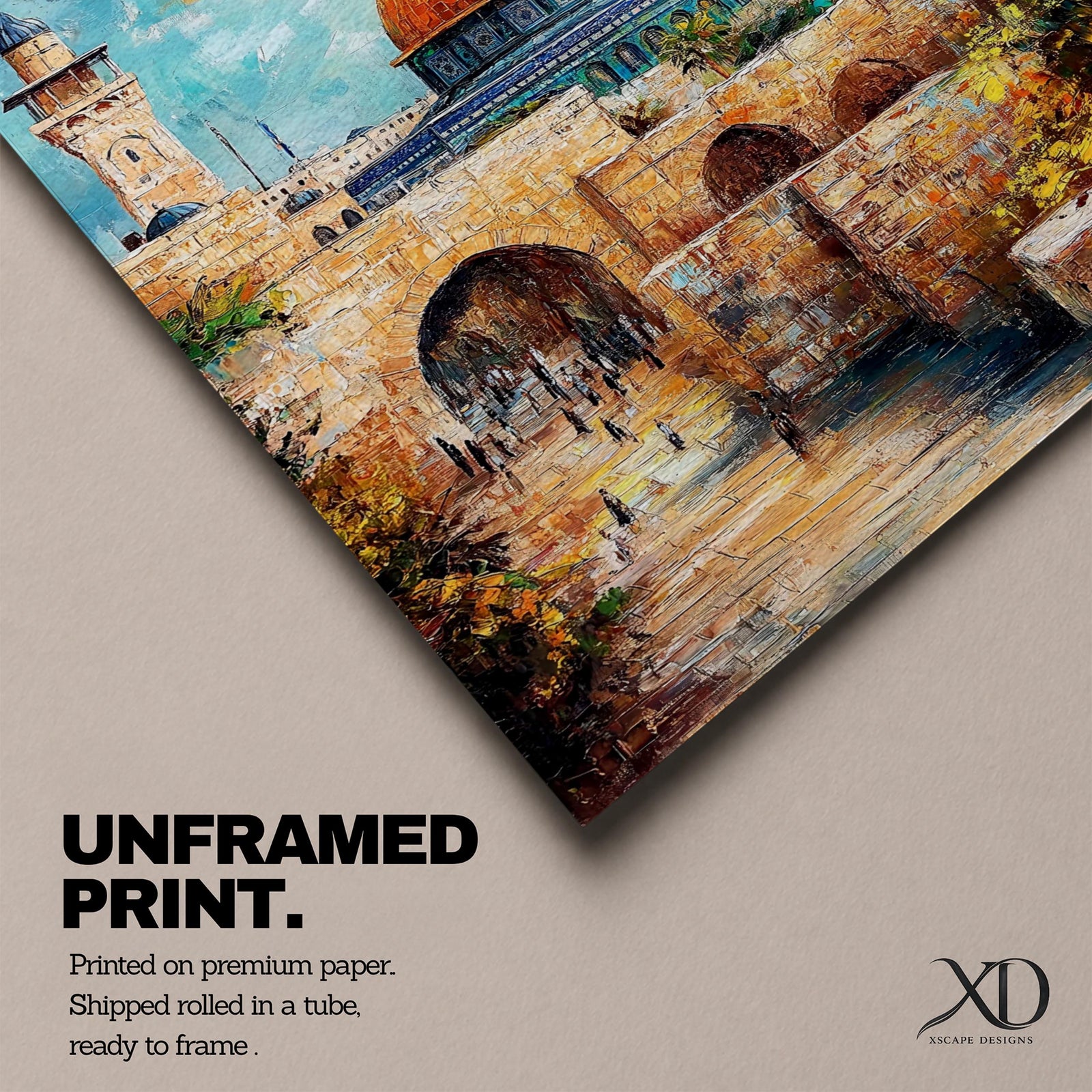 Textured oil-style painting of the Dome of the Rock with its glowing golden dome rising above historic Jerusalem stone arches and a nearby minaret, with small figures walking through the ancient passageways and vibrant sky colors creating a dramatic sacred city atmosphere.