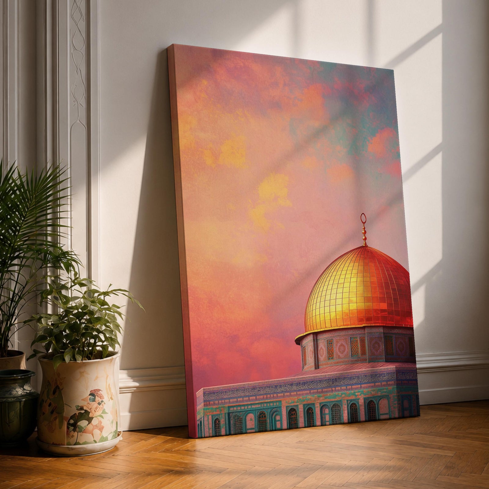 Artistic painting of the Dome of the Rock with its radiant golden dome rising above the Al-Aqsa compound in Jerusalem, set against a dramatic sunset sky filled with warm pink, orange, and golden clouds that illuminate the iconic Islamic shrine and highlight its sacred architectural beauty.