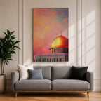 Artistic painting of the Dome of the Rock with its radiant golden dome rising above the Al-Aqsa compound in Jerusalem, set against a dramatic sunset sky filled with warm pink, orange, and golden clouds that illuminate the iconic Islamic shrine and highlight its sacred architectural beauty.
