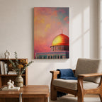 Artistic painting of the Dome of the Rock with its radiant golden dome rising above the Al-Aqsa compound in Jerusalem, set against a dramatic sunset sky filled with warm pink, orange, and golden clouds that illuminate the iconic Islamic shrine and highlight its sacred architectural beauty.