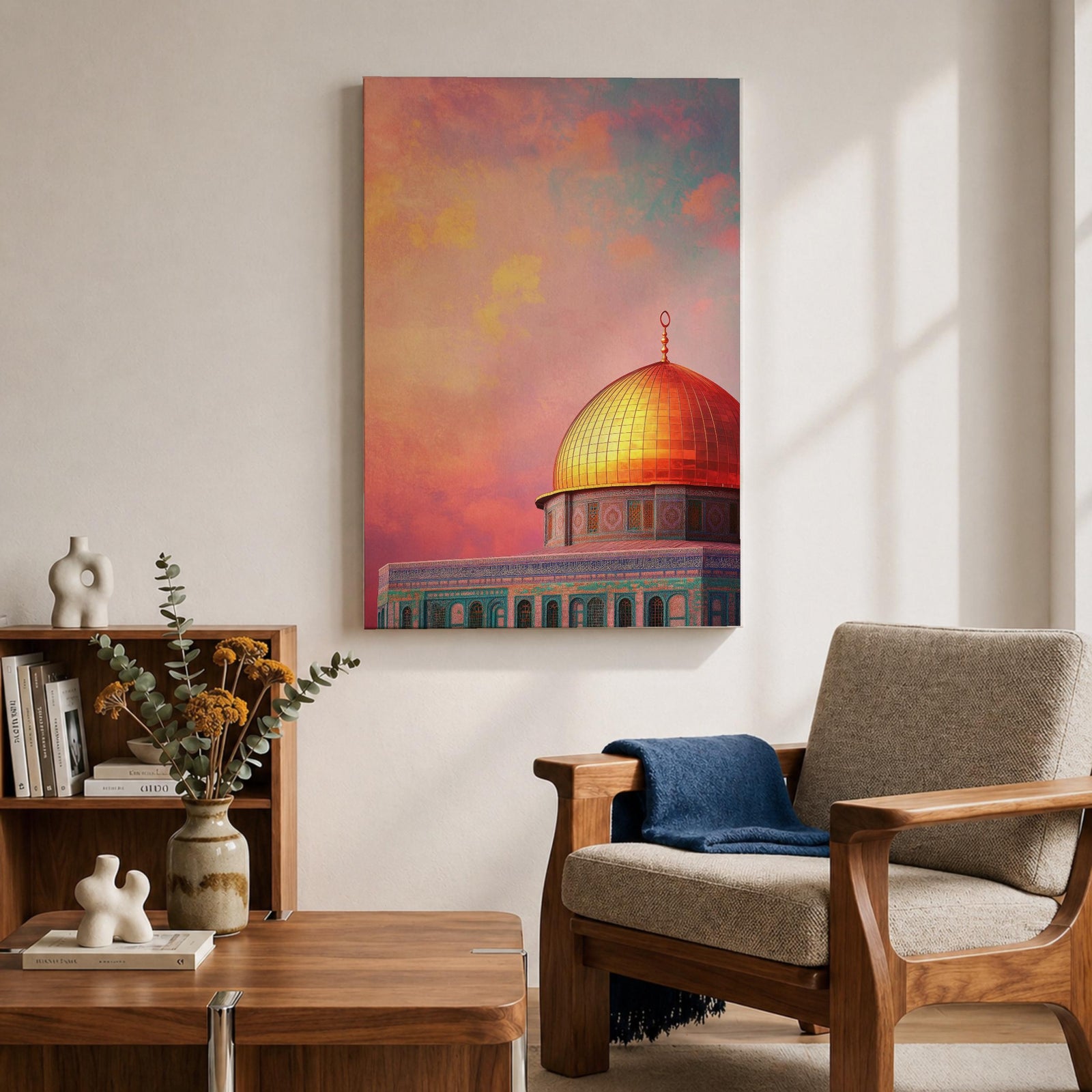 Artistic painting of the Dome of the Rock with its radiant golden dome rising above the Al-Aqsa compound in Jerusalem, set against a dramatic sunset sky filled with warm pink, orange, and golden clouds that illuminate the iconic Islamic shrine and highlight its sacred architectural beauty.