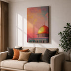 Artistic painting of the Dome of the Rock with its radiant golden dome rising above the Al-Aqsa compound in Jerusalem, set against a dramatic sunset sky filled with warm pink, orange, and golden clouds that illuminate the iconic Islamic shrine and highlight its sacred architectural beauty.