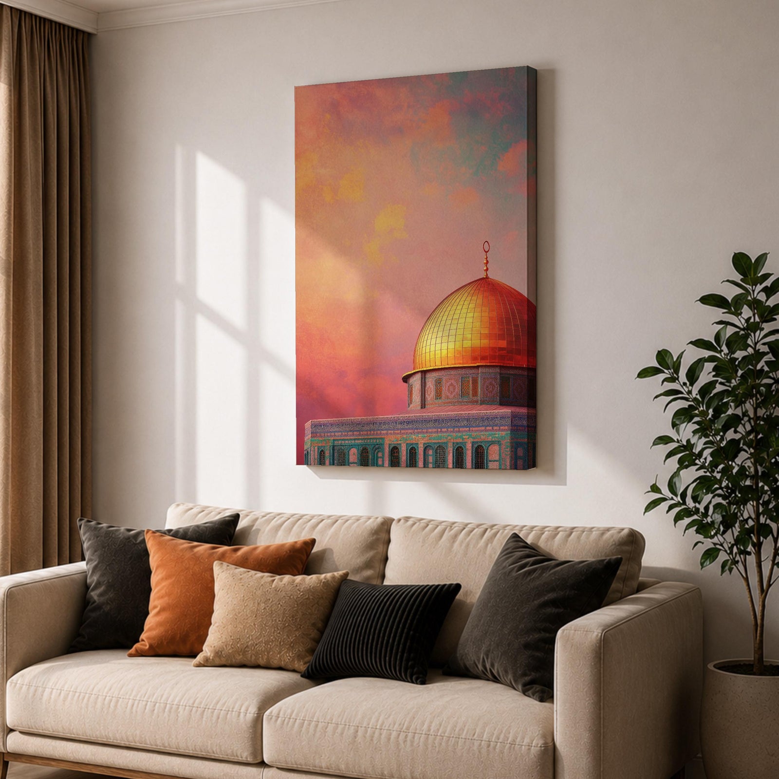 Artistic painting of the Dome of the Rock with its radiant golden dome rising above the Al-Aqsa compound in Jerusalem, set against a dramatic sunset sky filled with warm pink, orange, and golden clouds that illuminate the iconic Islamic shrine and highlight its sacred architectural beauty.