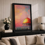 Artistic painting of the Dome of the Rock with its radiant golden dome rising above the Al-Aqsa compound in Jerusalem, set against a dramatic sunset sky filled with warm pink, orange, and golden clouds that illuminate the iconic Islamic shrine and highlight its sacred architectural beauty.