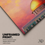 Artistic painting of the Dome of the Rock with its radiant golden dome rising above the Al-Aqsa compound in Jerusalem, set against a dramatic sunset sky filled with warm pink, orange, and golden clouds that illuminate the iconic Islamic shrine and highlight its sacred architectural beauty.