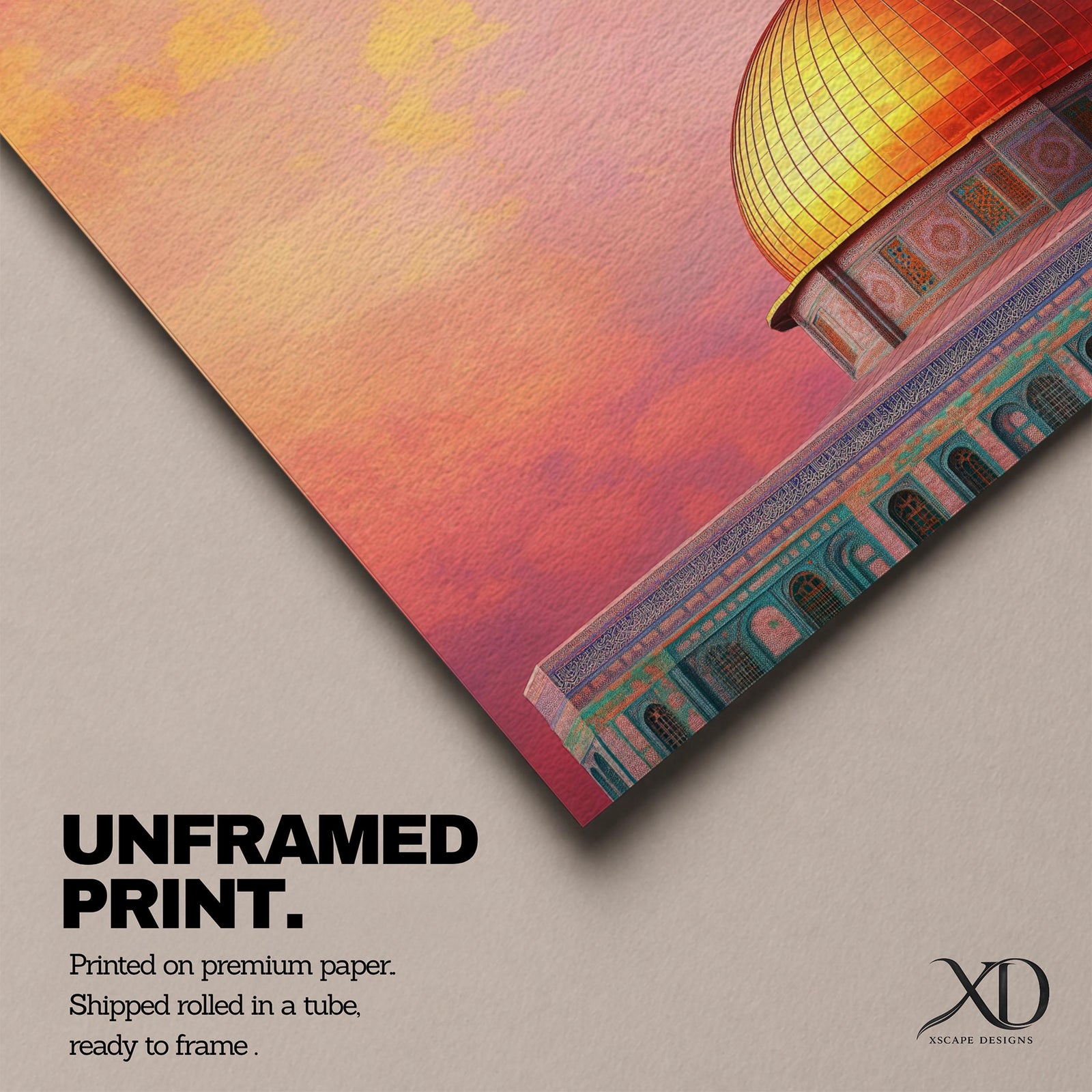 Artistic painting of the Dome of the Rock with its radiant golden dome rising above the Al-Aqsa compound in Jerusalem, set against a dramatic sunset sky filled with warm pink, orange, and golden clouds that illuminate the iconic Islamic shrine and highlight its sacred architectural beauty.