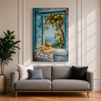 A vibrant framed canvas painting depicting a lemon tree bursting with ripe yellow lemons viewed through an open blue window overlooking a coastal Mediterranean scene. The artwork captures lush green leaves, a floral cloth on the windowsill, and a distant sea horizon in a realistic natural style.