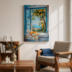 A vibrant framed canvas painting depicting a lemon tree bursting with ripe yellow lemons viewed through an open blue window overlooking a coastal Mediterranean scene. The artwork captures lush green leaves, a floral cloth on the windowsill, and a distant sea horizon in a realistic natural style.