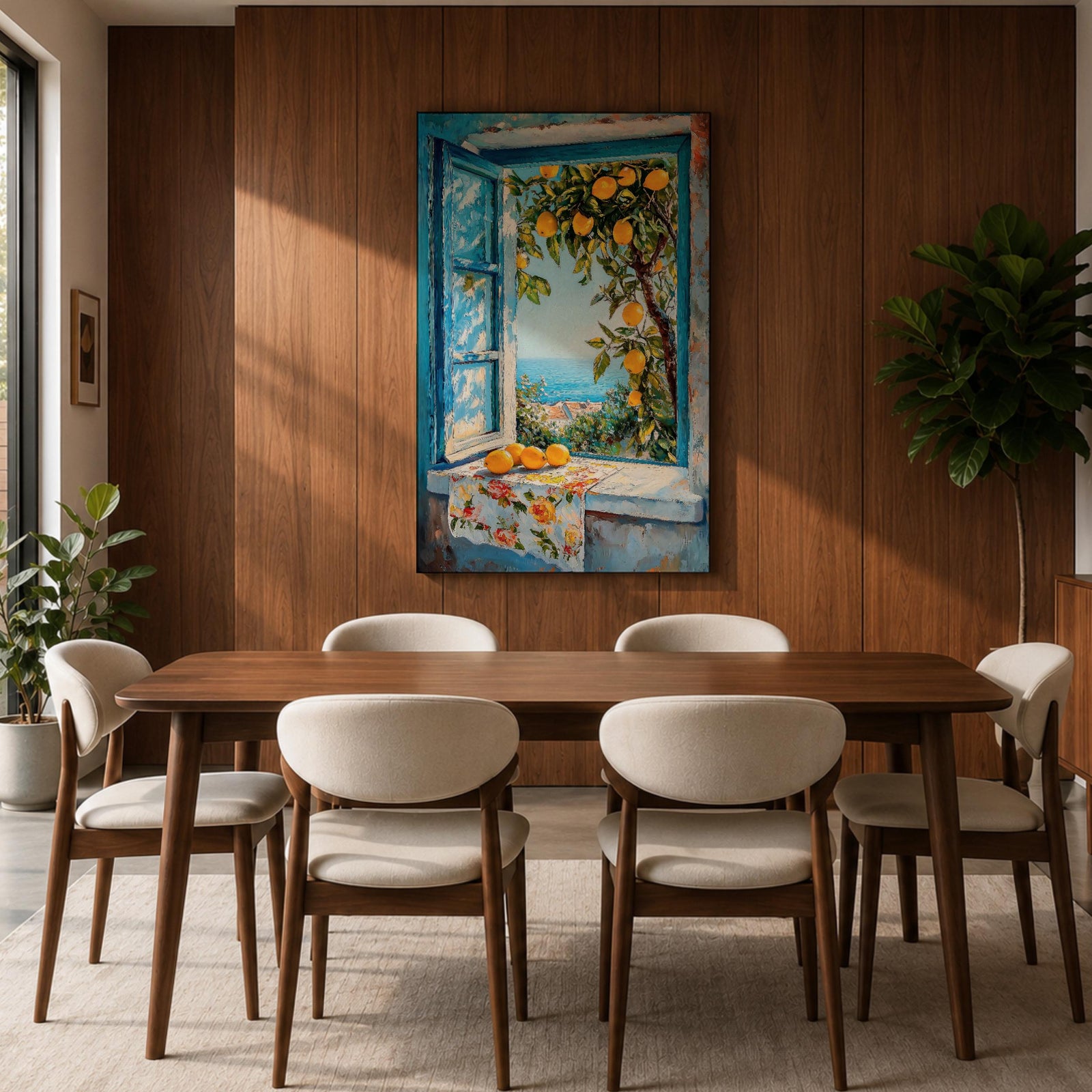 A vibrant framed canvas painting depicting a lemon tree bursting with ripe yellow lemons viewed through an open blue window overlooking a coastal Mediterranean scene. The artwork captures lush green leaves, a floral cloth on the windowsill, and a distant sea horizon in a realistic natural style.