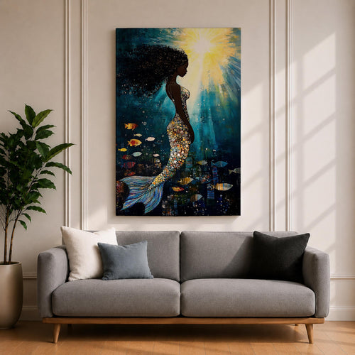 Black Mermaid Mythical Wall Art Sea Goddess Abstract Fantasy Ocean Gift Bedroom Home Decor