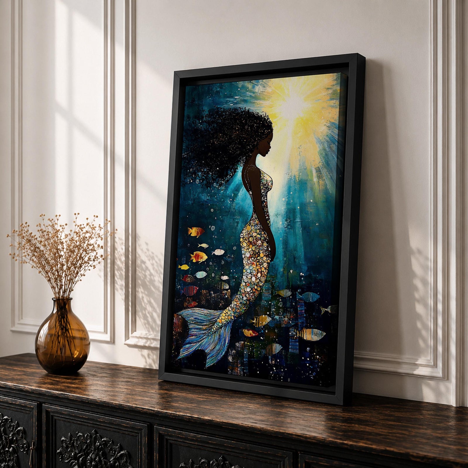 Black Mermaid Mythical Wall Art Sea Goddess Abstract Fantasy Ocean Gift Bedroom Home Decor