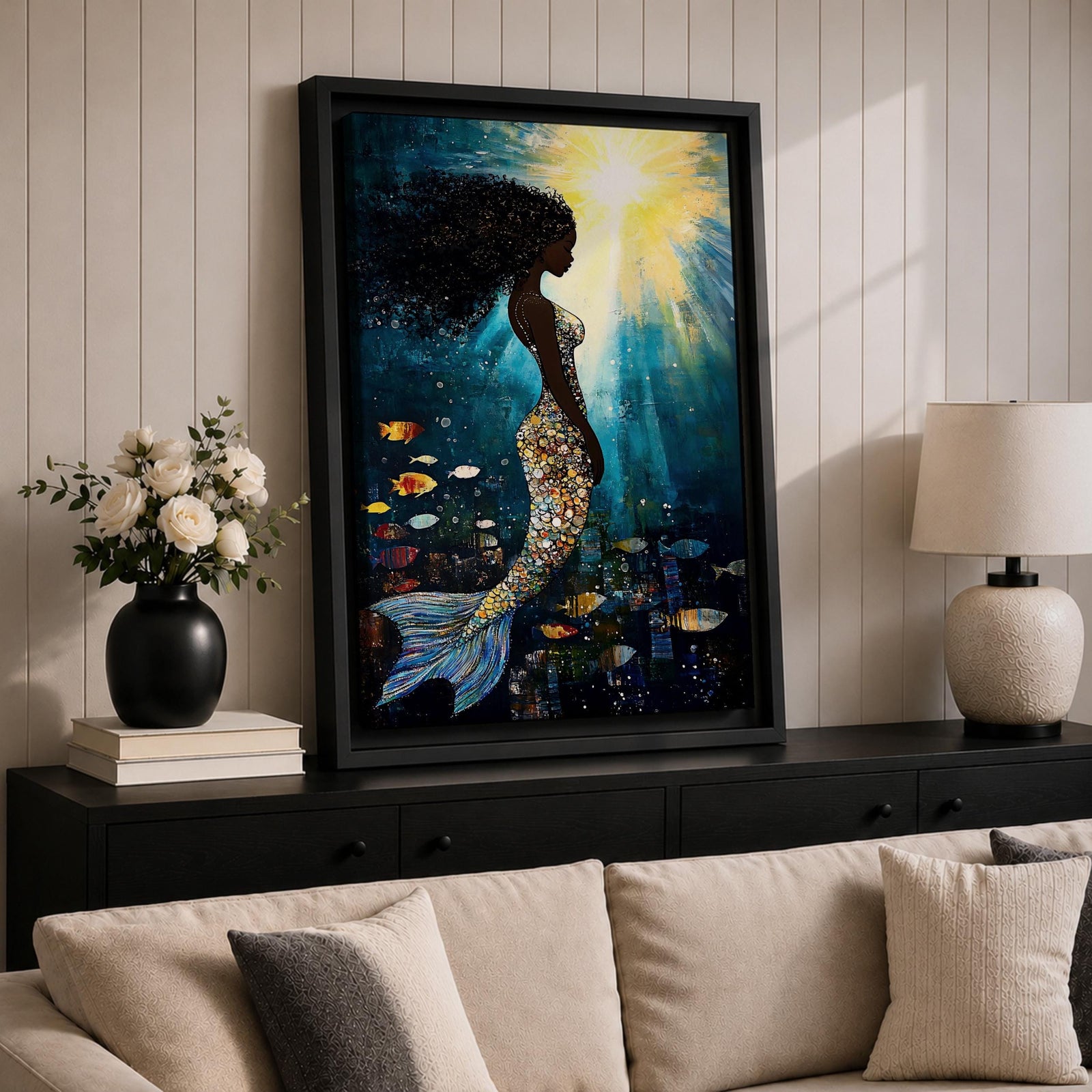 Black Mermaid Mythical Wall Art Sea Goddess Abstract Fantasy Ocean Gift Bedroom Home Decor