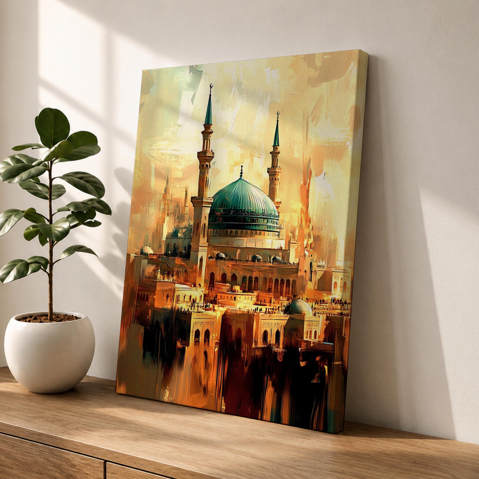 Vintage-style artwork of Masjid Al Nabawi in Medina featuring the iconic green dome rising above ornate mosque architecture and tall minarets, rendered with warm golden tones and textured brush effects that create a dramatic, aged interpretation of the Prophet’s Mosque and surrounding cityscape.