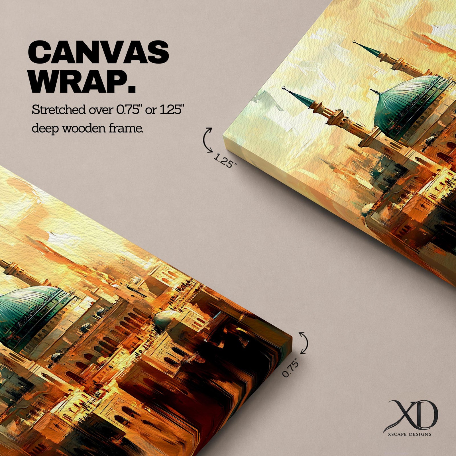 Vintage-style artwork of Masjid Al Nabawi in Medina featuring the iconic green dome rising above ornate mosque architecture and tall minarets, rendered with warm golden tones and textured brush effects that create a dramatic, aged interpretation of the Prophet’s Mosque and surrounding cityscape.