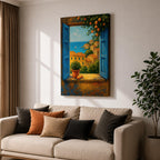 A framed canvas painting depicting a Mediterranean window opening to a seaside coastal view with terracotta-roofed houses, lush greenery, and a distant sailboat on the blue sea, rendered in a realistic landscape style with vibrant colors and detailed brushwork.