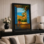 A framed canvas painting depicting a Mediterranean window opening to a seaside coastal view with terracotta-roofed houses, lush greenery, and a distant sailboat on the blue sea, rendered in a realistic landscape style with vibrant colors and detailed brushwork.